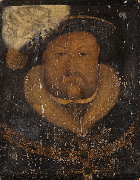 old painting of a regal looking man, with a very damaged surface