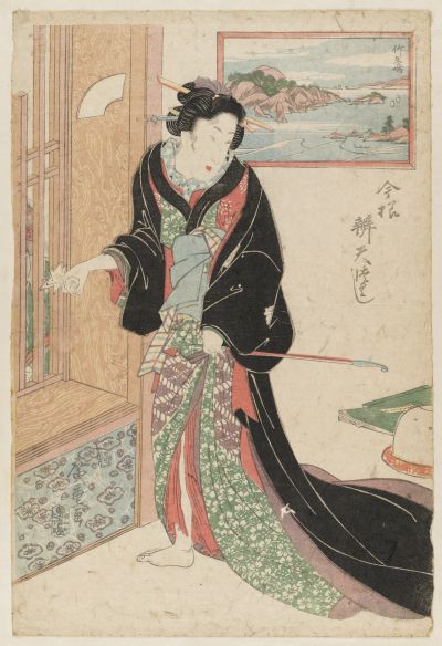 Japanese print of a person wearing an outfit that trails behind them, standing at a window
