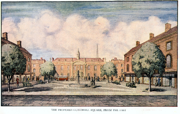 Drawing of an architectural scheme, showing a large red brick building from across a pedestrian square with trees and a fountain