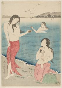 A woodcut print of three Japanese women swimming and sitting at the edge of the sea. They are wearing red skirts and a bucket sits nearby